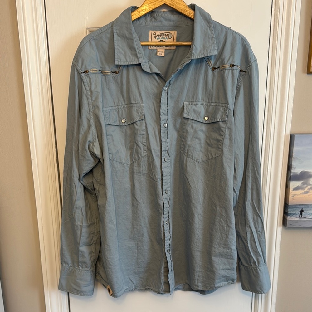 Western Aloha Blue Long Sleeve Pearl Snap Button-Up Shirt
